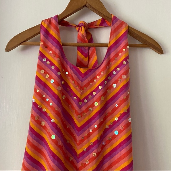 Halter Sequin Dress Orange Purple Peach Gold Tie - Picture 7 of 11